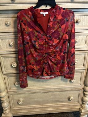 DR2 Red Floral Ruched Front Long Sleeve Blouse